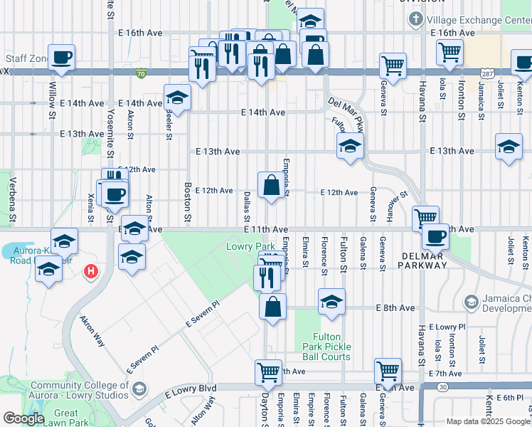 map of restaurants, bars, coffee shops, grocery stores, and more near 1133 Dayton Street in Aurora