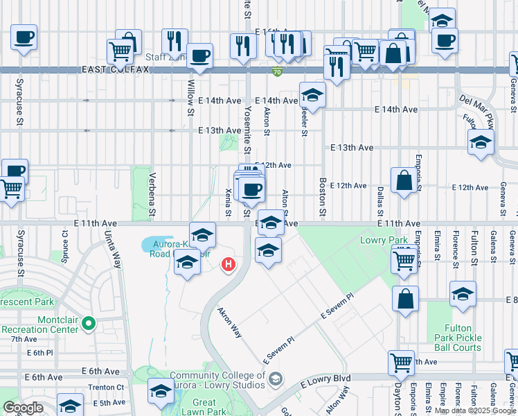 map of restaurants, bars, coffee shops, grocery stores, and more near in Denver