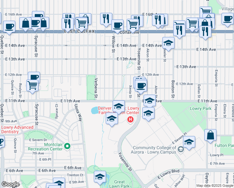 map of restaurants, bars, coffee shops, grocery stores, and more near 1113 Xanthia Street in Denver