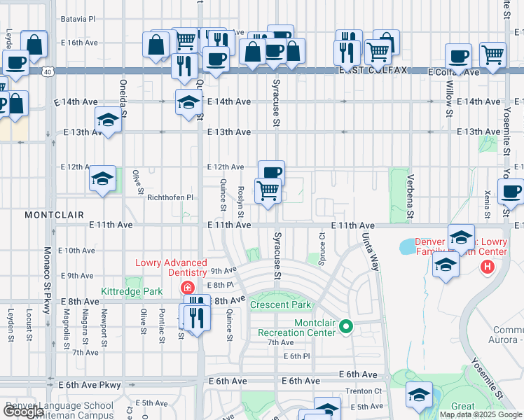map of restaurants, bars, coffee shops, grocery stores, and more near 1118 Rosemary Street in Denver