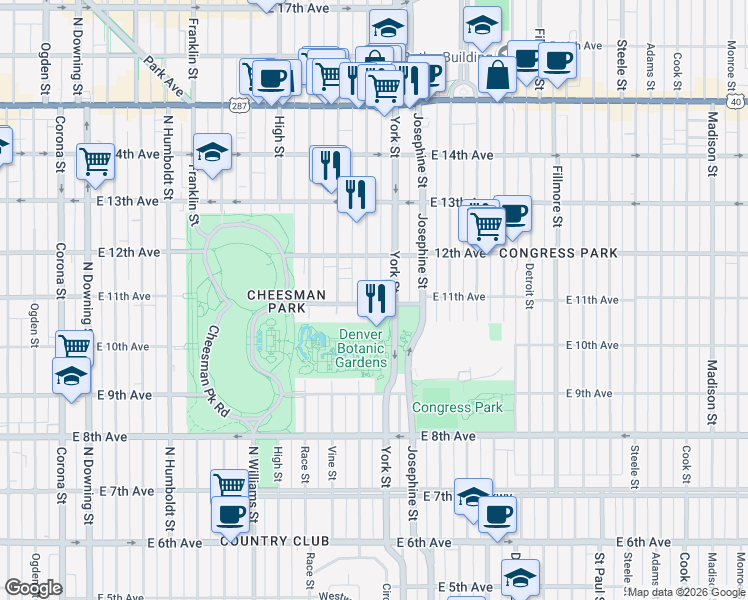 map of restaurants, bars, coffee shops, grocery stores, and more near 2190 East 11th Avenue in Denver