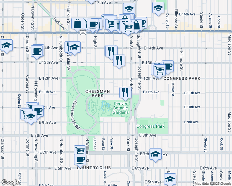 map of restaurants, bars, coffee shops, grocery stores, and more near 2027 East 11th Avenue in Denver