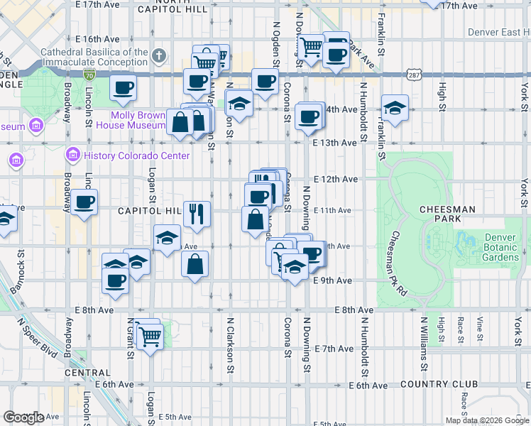 map of restaurants, bars, coffee shops, grocery stores, and more near 900 East 11th Avenue in Denver