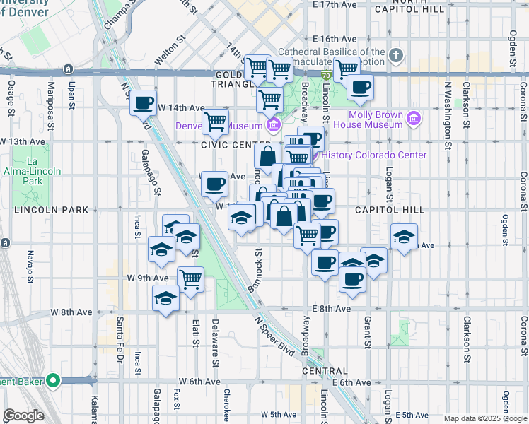 map of restaurants, bars, coffee shops, grocery stores, and more near 128 West 11th Avenue in Denver