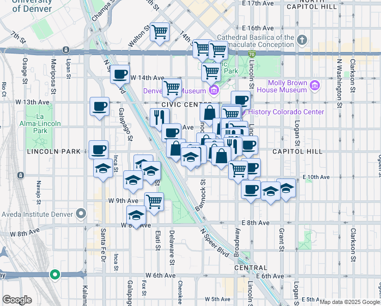 map of restaurants, bars, coffee shops, grocery stores, and more near in Denver