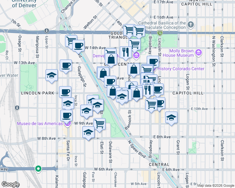 map of restaurants, bars, coffee shops, grocery stores, and more near 1062 Delaware Street in Denver