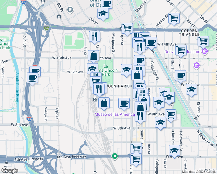 map of restaurants, bars, coffee shops, grocery stores, and more near 1063 Mariposa Street in Denver
