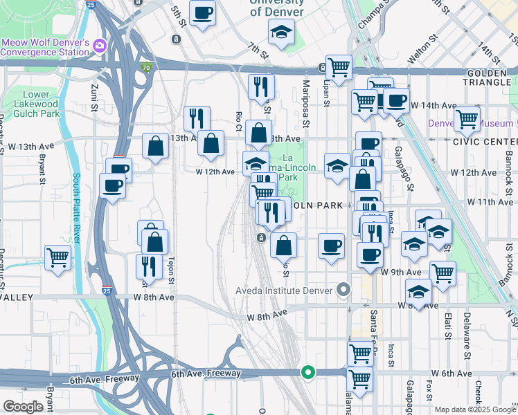 map of restaurants, bars, coffee shops, grocery stores, and more near 1097 Osage Street in Denver