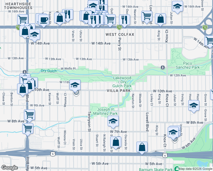 map of restaurants, bars, coffee shops, grocery stores, and more near 1025 Raleigh Street in Denver