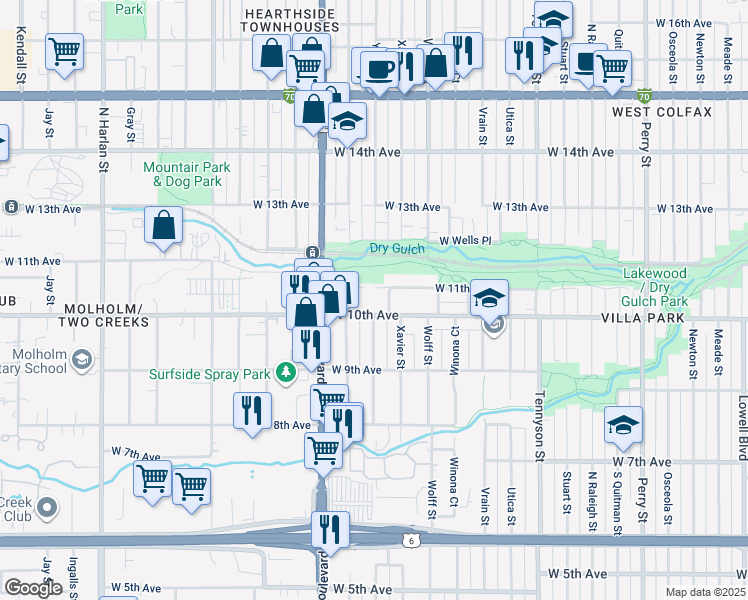 map of restaurants, bars, coffee shops, grocery stores, and more near 5025 West 10th Avenue in Denver