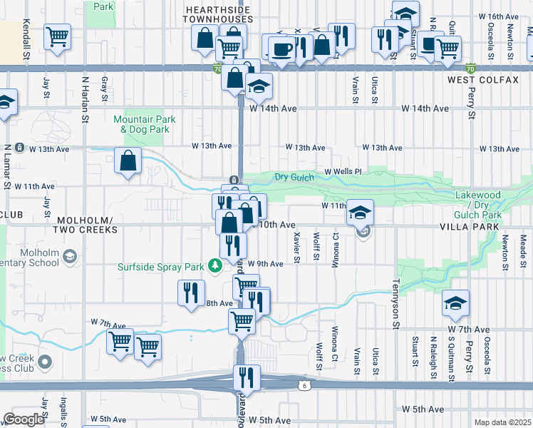 map of restaurants, bars, coffee shops, grocery stores, and more near 5025 West 10th Avenue in Denver