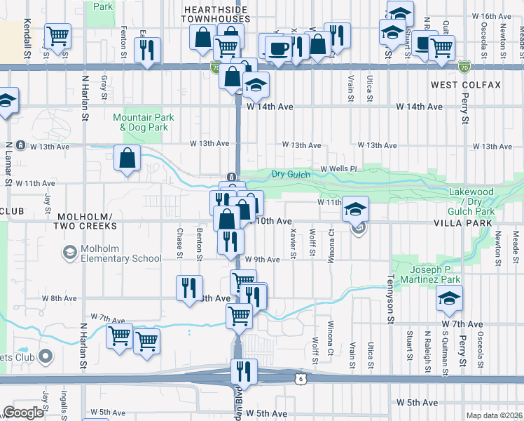 map of restaurants, bars, coffee shops, grocery stores, and more near 5171 West 10th Avenue in Denver