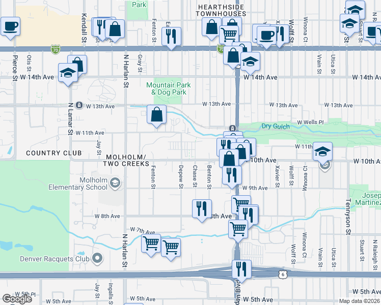 map of restaurants, bars, coffee shops, grocery stores, and more near 5541 West 10th Avenue in Lakewood