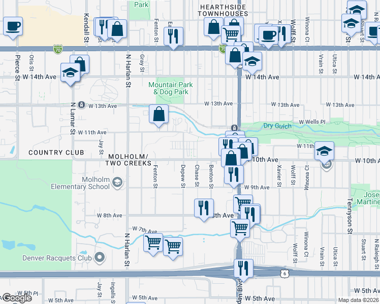 map of restaurants, bars, coffee shops, grocery stores, and more near 5541 West 10th Avenue in Lakewood