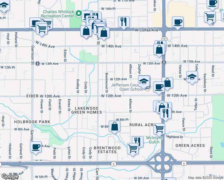 map of restaurants, bars, coffee shops, grocery stores, and more near 1027 Balsam Street in Denver