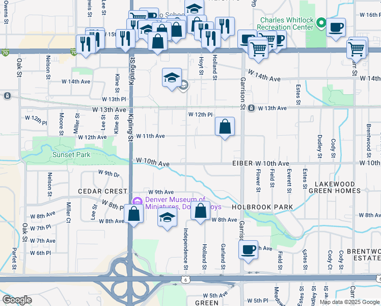 map of restaurants, bars, coffee shops, grocery stores, and more near 1025 Independence Street in Lakewood
