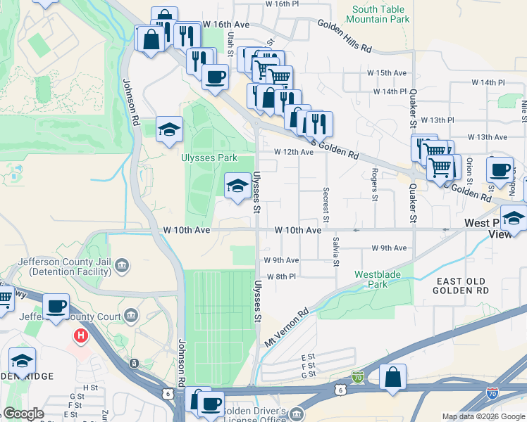 map of restaurants, bars, coffee shops, grocery stores, and more near 1031 Torrey Lane in Golden
