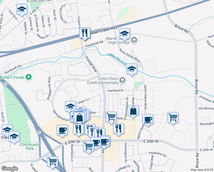 map of restaurants, bars, coffee shops, grocery stores, and more near 27 Forest Avenue in Chico