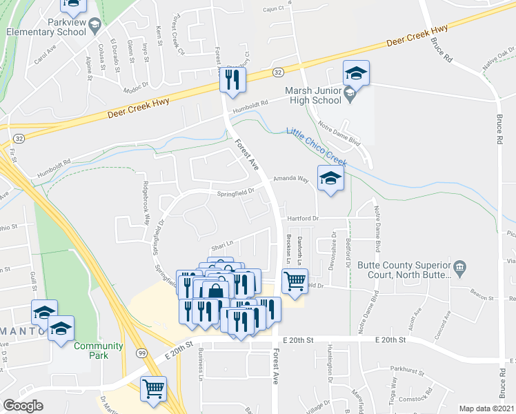 map of restaurants, bars, coffee shops, grocery stores, and more near 1650 Forest Avenue in Chico