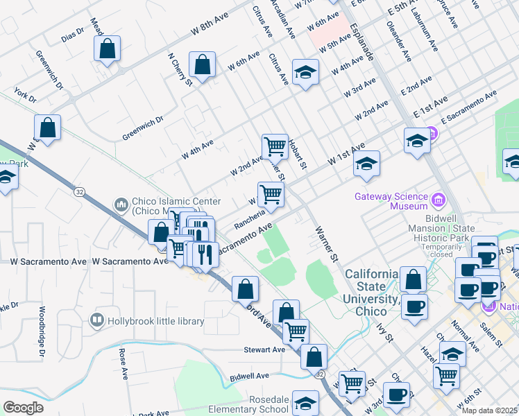 map of restaurants, bars, coffee shops, grocery stores, and more near 725 West 1st Avenue in Chico