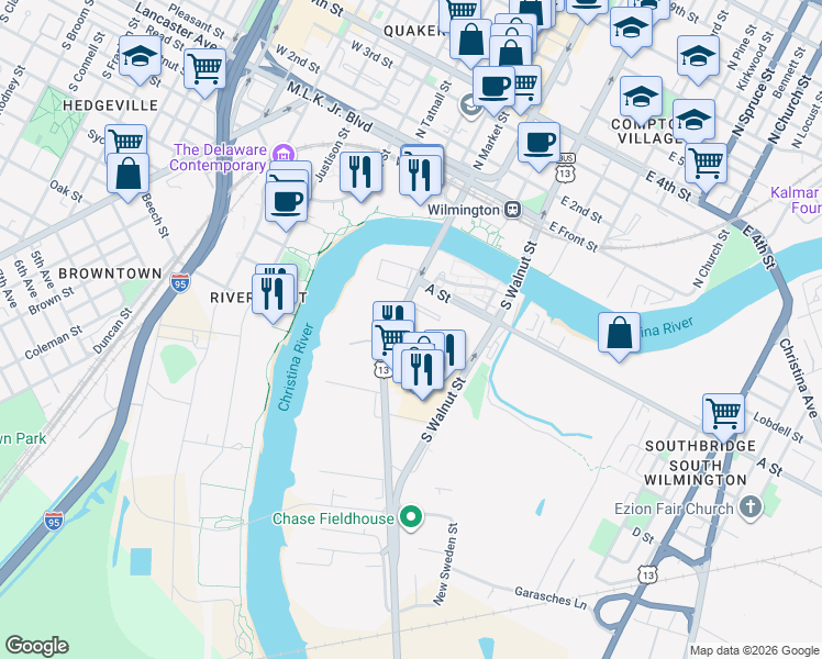 map of restaurants, bars, coffee shops, grocery stores, and more near 340 South Market Street in Wilmington