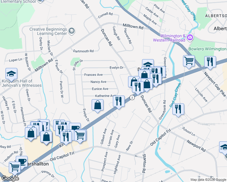 map of restaurants, bars, coffee shops, grocery stores, and more near 3806 Eunice Avenue in Wilmington