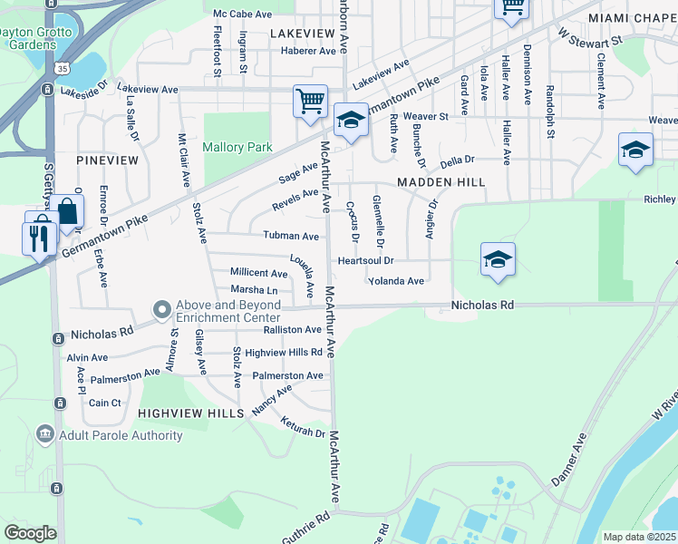 map of restaurants, bars, coffee shops, grocery stores, and more near 1419 McArthur Avenue in Dayton