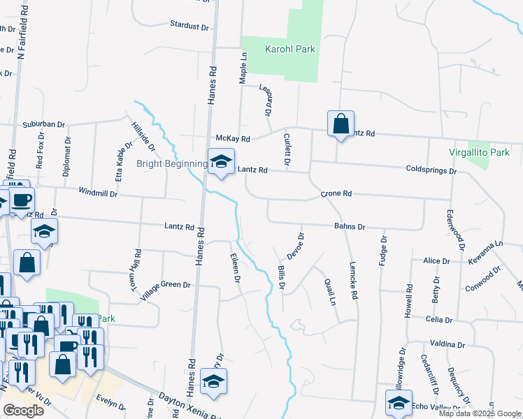 map of restaurants, bars, coffee shops, grocery stores, and more near 2911 Bahns Drive in Dayton