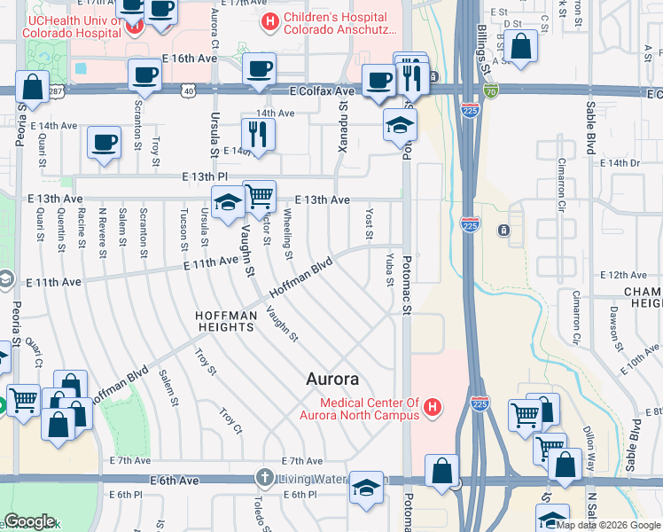 map of restaurants, bars, coffee shops, grocery stores, and more near 1187 Xanadu Street in Aurora