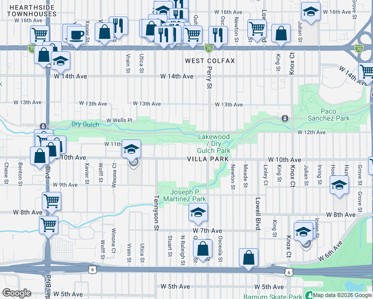 map of restaurants, bars, coffee shops, grocery stores, and more near 1025 Raleigh Street in Denver