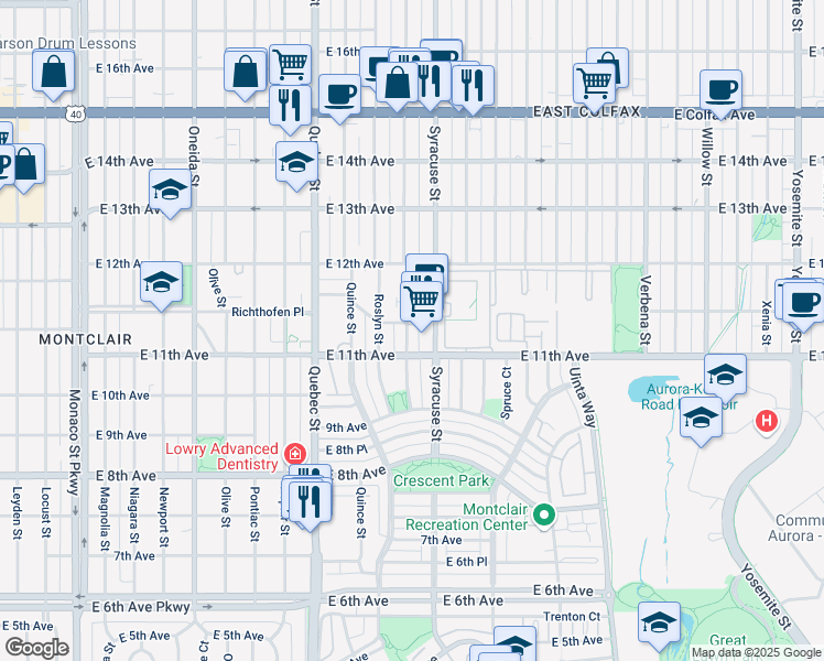 map of restaurants, bars, coffee shops, grocery stores, and more near 1124 Rosemary Street in Denver