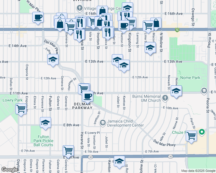 map of restaurants, bars, coffee shops, grocery stores, and more near 1132 Jamaica Street in Aurora