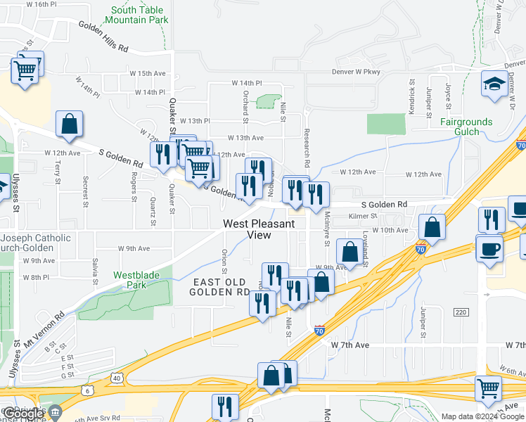 map of restaurants, bars, coffee shops, grocery stores, and more near 15980 South Golden Road in Golden