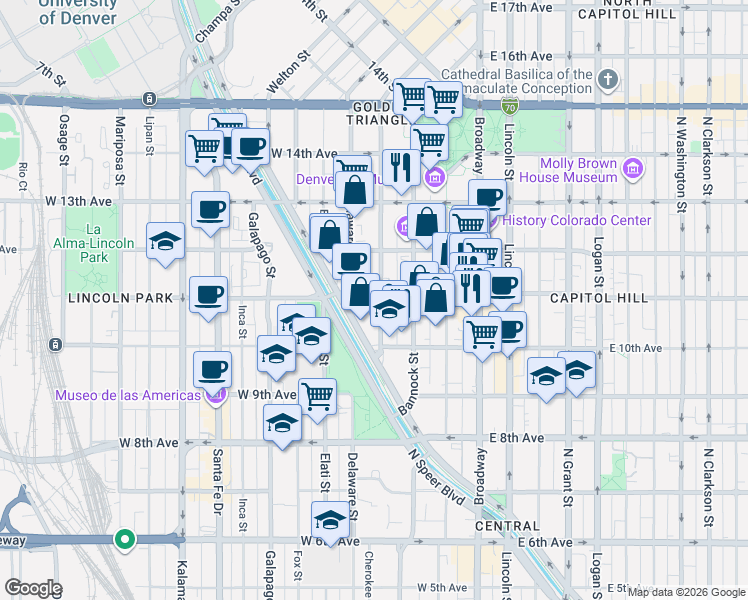 map of restaurants, bars, coffee shops, grocery stores, and more near 1062 Delaware Street in Denver