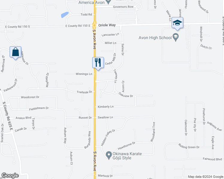 map of restaurants, bars, coffee shops, grocery stores, and more near 1976 Tawney Lane in Avon