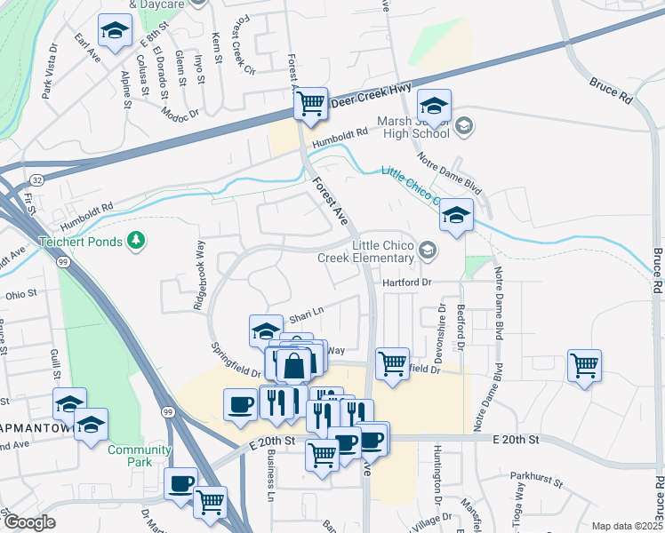 map of restaurants, bars, coffee shops, grocery stores, and more near 1650 Forest Avenue in Chico