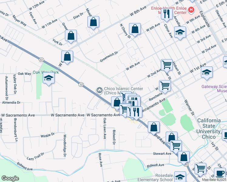 map of restaurants, bars, coffee shops, grocery stores, and more near 1118 Nord Avenue in Chico