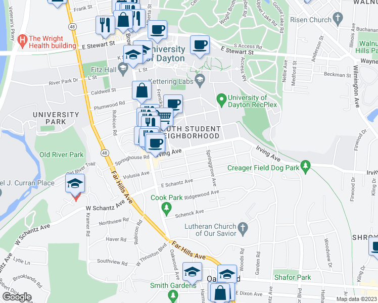 map of restaurants, bars, coffee shops, grocery stores, and more near 332 Irving Avenue in Dayton