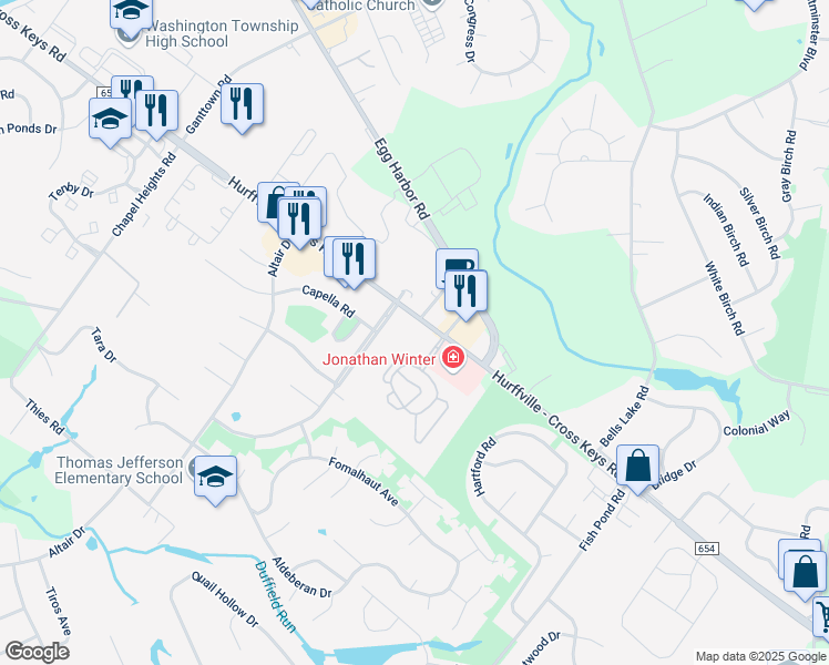 map of restaurants, bars, coffee shops, grocery stores, and more near 102B Kings Way West in Washington Township