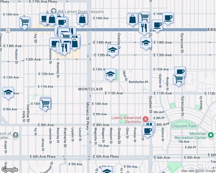 map of restaurants, bars, coffee shops, grocery stores, and more near 1151 Newport Street in Denver