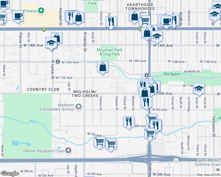 map of restaurants, bars, coffee shops, grocery stores, and more near 5642 West 10th Place in Lakewood