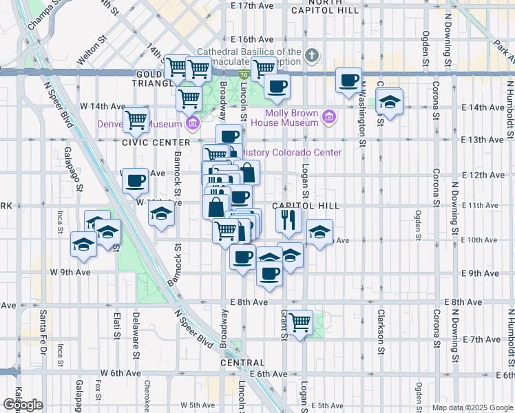 map of restaurants, bars, coffee shops, grocery stores, and more near 1085 Sherman Street in Denver