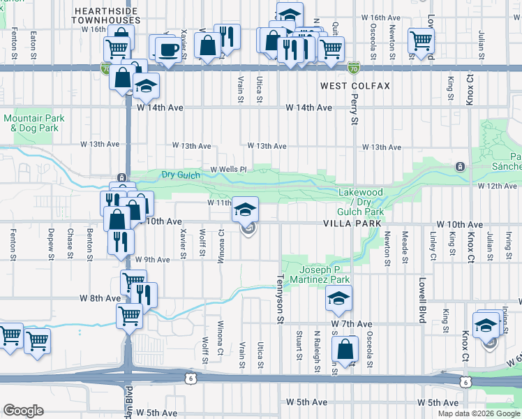map of restaurants, bars, coffee shops, grocery stores, and more near 4460 West 11th Avenue in Denver