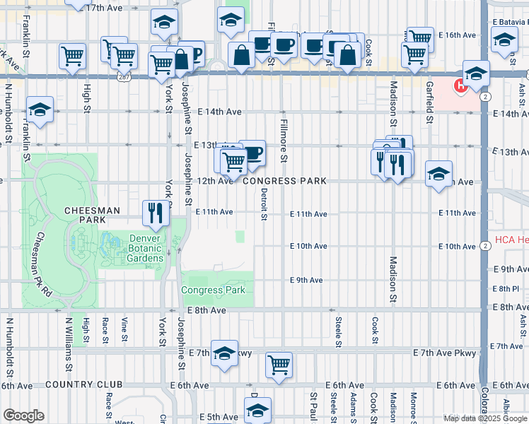 map of restaurants, bars, coffee shops, grocery stores, and more near 2818 East 11th Avenue in Denver