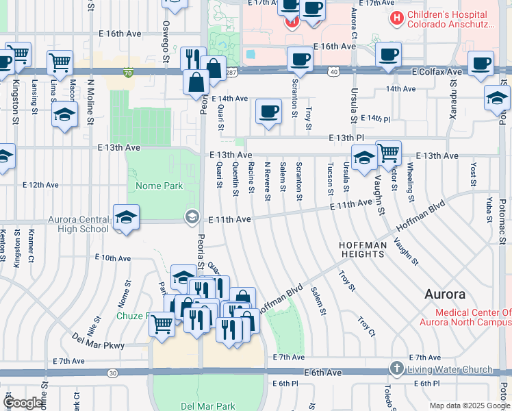 map of restaurants, bars, coffee shops, grocery stores, and more near 1128 Racine Street in Aurora