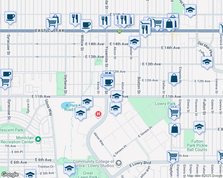 map of restaurants, bars, coffee shops, grocery stores, and more near 1124 Yosemite Street in Denver