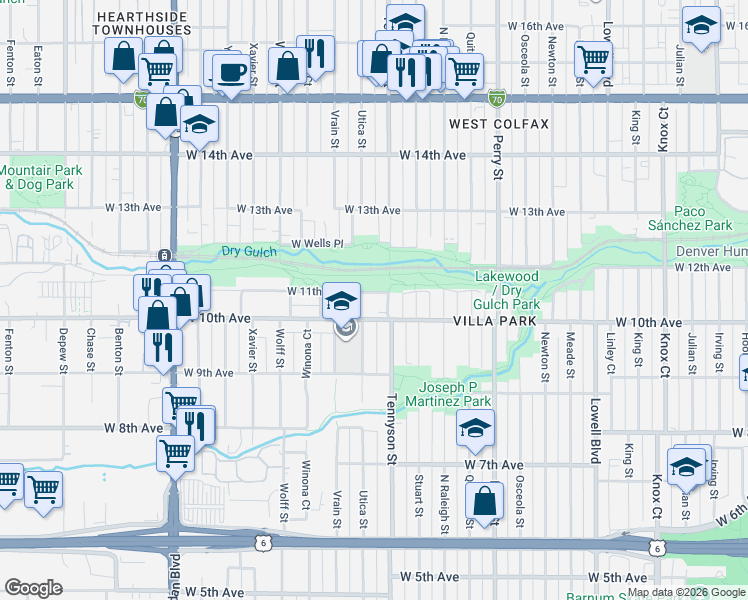 map of restaurants, bars, coffee shops, grocery stores, and more near 4460 West 11th Avenue in Denver
