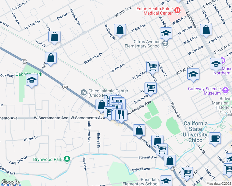 map of restaurants, bars, coffee shops, grocery stores, and more near 1143 North Cedar Street in Chico