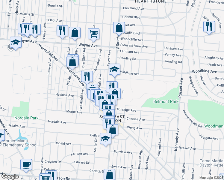map of restaurants, bars, coffee shops, grocery stores, and more near in Dayton