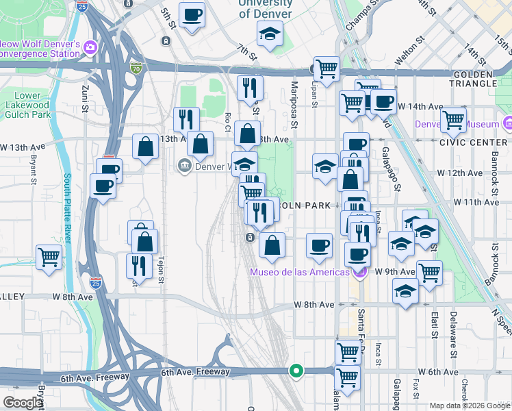map of restaurants, bars, coffee shops, grocery stores, and more near 1099 Osage Street in Denver